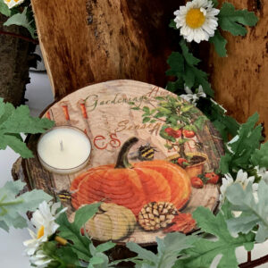 Autumnal Pumpkin themed wood slice candle holder