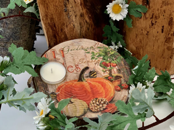 Autumnal Pumpkin themed wood slice candle holder